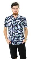 Camisa Masculina Manga Curta Viscose Modelagem Regular Folhas Preto Verde Azul