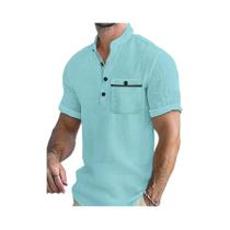 Camisa Masculina Moderna De Algodão Puro Com Bolso E Gola Alta Em Cor Contrastante