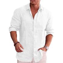 Camisa Masculina Plus Size Casual de Algodão e Linho - Manga Comprida