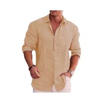 Camisa Masculina Plus Size Casual de Algodão e Linho - Manga Comprida