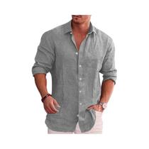 Camisa Masculina Plus Size Casual de Algodão e Linho - Manga Comprida