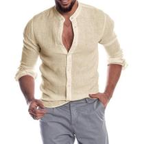 Camisa Masculina Plus Size de Algodão e Linho - Manga Comprida, Casual, Praia, Gola Redonda