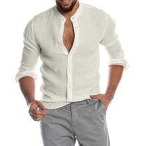 Camisa Masculina Plus Size de Algodão e Linho - Manga Comprida, Casual, Praia, Gola Redonda