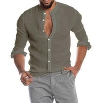 Camisa Masculina Plus Size de Algodão e Linho - Manga Comprida, Casual, Praia, Gola Redonda Camisa Masculina Plus Size de Algodão e Linho - Manga Comprida, Casual, Praia, Gola Redonda
