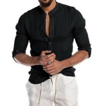 Camisa Masculina Plus Size de Algodão e Linho - Manga Comprida, Casual, Praia, Gola Redonda