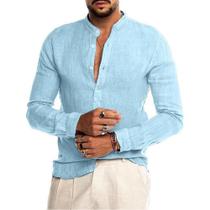 Camisa Masculina Plus Size de Algodão e Linho - Manga Comprida, Casual, Praia, Gola Redonda Camisa Masculina Plus Size de Algodão e Linho - Manga Comprida, Casual, Praia, Gola Redonda