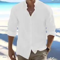 Camisa Masculina Plus Size de Algodão e Linho - Manga Comprida, Gola Alta, Casual