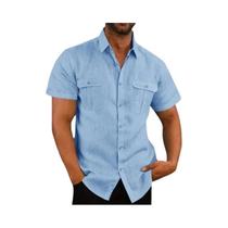 Camisa Masculina plus Size De Algodão E Linho Manga Curta Estilo Casual Praia Verão Cor Sólida Gola