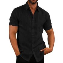 Camisa Masculina Plus Size de Linho e Algodão - Manga Curta, Gola Virada, Cor Sólida Camisa Masculina Plus Size de Linho e Algodão - Manga Curta, Gola Virada, Cor Sólida