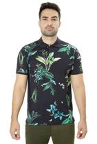 Camisa Masculina Polo Ixória Preta Malha Estampada Floral