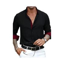Camisa Masculina Preta De Manga Longa Casual Elegante Para Negócios, Camisa Masculina Elástica De