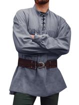 Camisa masculina Runcati Medieval Pirate cinza de manga comprida com cadarço Camisa masculina Runcati Medieval Pirate cinza de manga comprida com cadarço