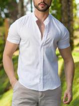 Camisa Masculina Slim Cancún Manga Curta de Linho Branca Gola Padre Conquest