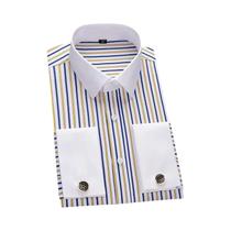 Camisa Masculina Slim Fit Com Punho Francês, Gola Em Cor Contrastante, Listrada Windsor, Formal De