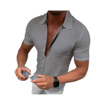 Camisa Masculina Slim Fit Com Zíper E Manga Curta, Casual De Negócios Leve, Cor Sólida, Cardigã Com