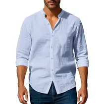 Camisa Masculina Slim Fit De Algodão E Linho Com Gola Henley Leve Respirável De Manga Longa Com