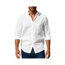 Camisa Masculina Slim Fit De Algodão E Linho Com Gola Henley Leve Respirável De Manga Longa Com