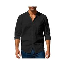 Camisa Masculina Slim Fit De Algodão E Linho Com Gola Henley, Leve, Respirável, Manga Comprida E Com