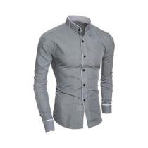 Camisa Masculina Slim Fit De Cor Sólida Com Gola Alta E Cardigã Em Patchwork Para Camada Base