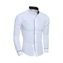 Camisa Masculina Slim Fit De Cor Sólida Com Gola Alta E Cardigã Em Patchwork Para Camada Base