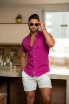 Camisa Masculina Slim Manga Curta Rosa Uva Gola Padre