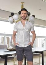 Camisa Masculina Social Manga Curta de Linho Estampada Slim Conquest