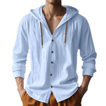 Camisa masculina TRFIC: algodão, linho, manga comprida, botão, azul