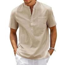 Camisa Masculina Vintage De Algodão E Linho Henley Com Gola Manga Curta Casual Praia Camisetas De