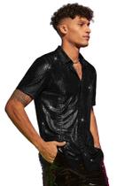 Camisa masculina WDIRARA com padrão de crocodilo com botão metálico preta Camisa masculina WDIRARA com padrão de crocodilo com botão metálico preta