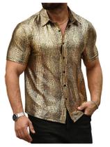 Camisa masculina WDIRARA dos anos 70 com padrão de crocodilo de discoteca em couro PU Camisa masculina WDIRARA dos anos 70 com padrão de crocodilo de discoteca em couro PU