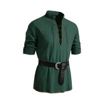 Camisa Medieval Masculina De Pirata Renascentista De Algodão Com Manga Longa E Cadarço Estilo Viking