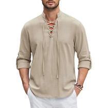 Camisa Medieval Masculina - Estilo Renascentista/Viking/Pirata - Manga Comprida em Algodão e Linho