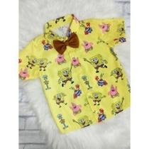 Camisa Menina Infantil Linha Premium Temático Bob Esponja Amarelo +Gravata