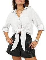 Camisa Omoone Tie com botões frontais e decote em V, manga 3/4, linho Camisa Omoone Tie com botões frontais e decote em V, manga 3/4, linho