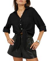 Camisa Omoone Tie Front para mulheres com decote em V e manga 3/4 preta - XS Camisa Omoone Tie Front para mulheres com decote em V e manga 3/4 preta - XS