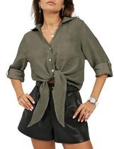 Camisa Omoone Tie Front para mulheres com decote em V e manga 3/4, verde exército Camisa Omoone Tie Front para mulheres com decote em V e manga 3/4, verde exército