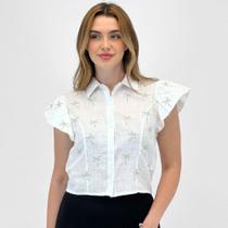 Camisa Oulusha Cropped com Bordados Manga Curta Feminina