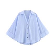 Camisa Oversized Azul Claro Com Botões Para Mulheres, Decote Em V, Mangas Dobráveis, Estilo Casual