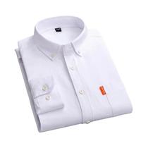 Camisa Oxford Branca Masculina 100% Algodão Manga Longa Com Colarinho Tradicional Ajuste Regular