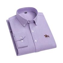 Camisa Oxford Masculina de Algodão - Manga Comprida, Bordada, Amarela, Casual, Plus Size (S-6XL)