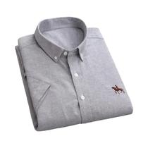 Camisa Oxford Masculina De Manga Curta Em Algodão Puro, Listrada, Casual, Com Bordado De Cavalo,
