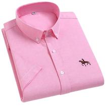 Camisa Oxford Masculina plus Size De Verão 100% Algodão Manga Curta Bordada Com Cavalo Casual Lisa