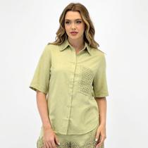 Camisa Pacific Blue com Crochê Manga Curta Feminina