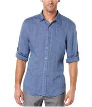 Camisa Perry Ellis de Lino Sólido con Mangas Remangadas en Azul Delft para Hombre