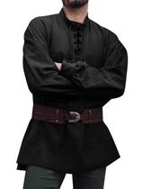 Camisa pirata medieval masculina Runcati preta com cadarço e manga comprida Camisa pirata medieval masculina Runcati preta com cadarço e manga comprida