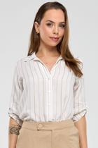 Camisa PKS Em Viscose Com Linho Listrada Bege Camisa PKS Em Viscose Com Linho Listrada Bege