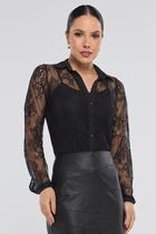 Camisa PKS Manga Longa Renda de Tule Preta