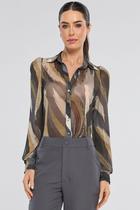 Camisa PKS Tule Manga Longa Estampa Leaves