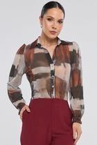 Camisa PKS Tule Manga Longa Estampa Mixed Burgundy
