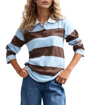 Camisa polo calbática de rúgbi listrada para mulheres de manga comprida Camisa polo calbática de rúgbi listrada para mulheres de manga comprida